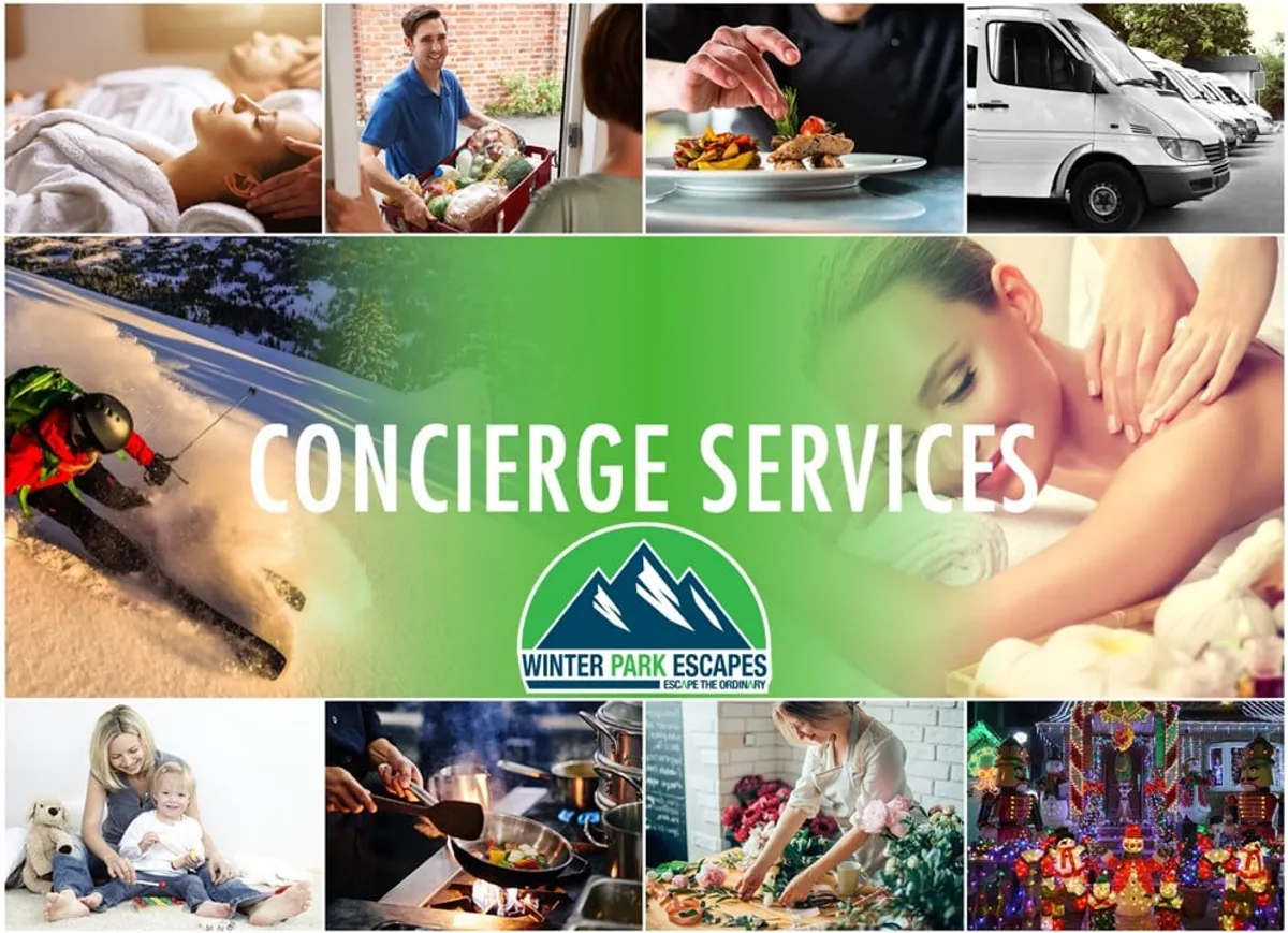A collage-style interior image showing spa treatments, gourmet meals, family activities, skiing, and transport services—all staged in inviting, high-end settings. The composition includes visuals of massage therapy, chef-prepared cuisine, and festive family gatherings, capturing the breadth of luxury experiences offered.