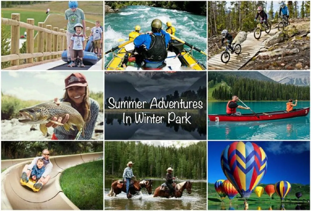 A lively summer panorama where families enjoy rafting, biking, fishing, kayaking, horseback riding, water slides, and watching colorful hot air balloons rise over the scenic Winter Park landscape. The image conveys active outdoor fun and the beauty of the surrounding area.