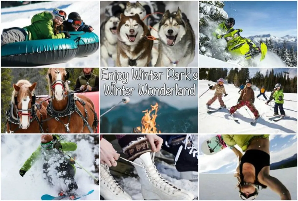 A vibrant winter scene showing families and children engaging in a range of snowy adventures: snow tubing, dog sledding with Siberian huskies, snowmobiling, horse-drawn sleigh rides, skiing, ice skating, and children playing in the snow. A fire pit adds a cozy, communal touch, with people gathered around, enjoying the wintry outdoors.
