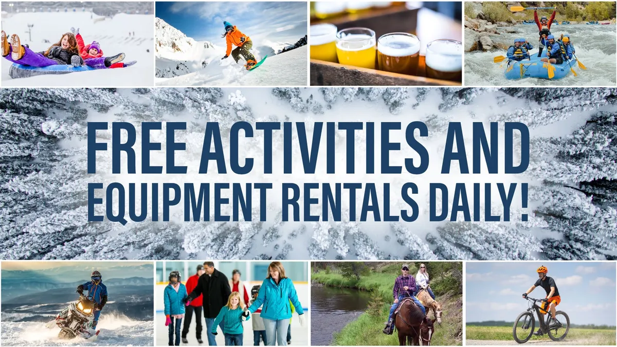 A vibrant interior collage capturing families and groups at play, with scenes of snow activities like skiing and snowboarding, energetic water sports such as white-water rafting, and moments of laughter over food and drink. The backdrop gives a lively, multi-seasonal sense of adventure and togetherness.